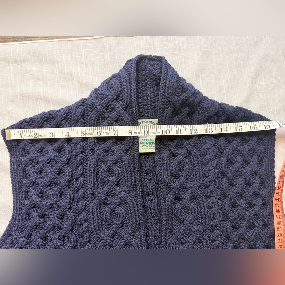 Aran Craft Merino Wool Open Front Vest with Pockets Navy Blue Cable Knit M - Picture 7 of 10